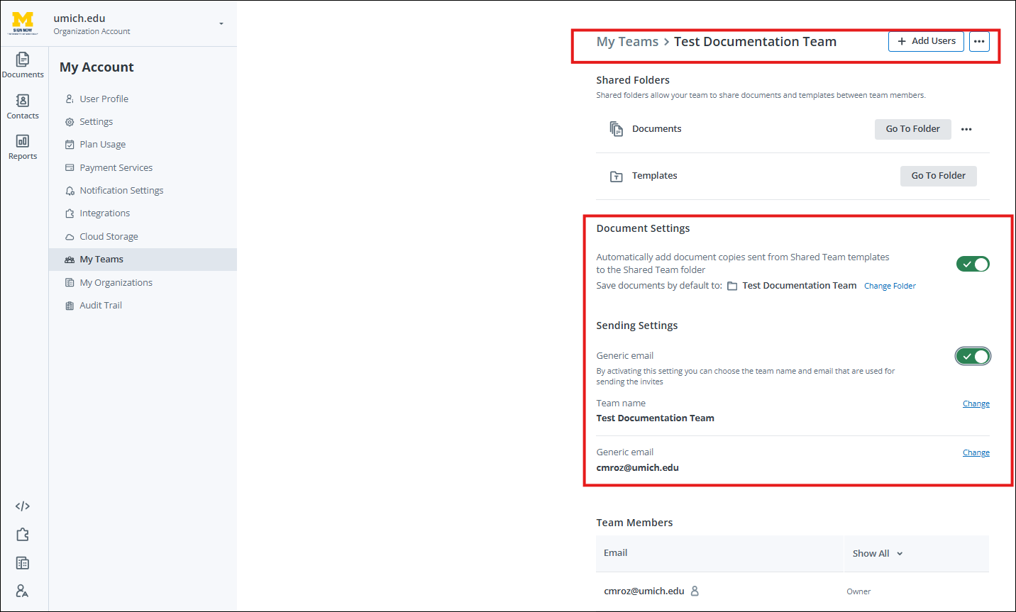 Define team settings in SignNow